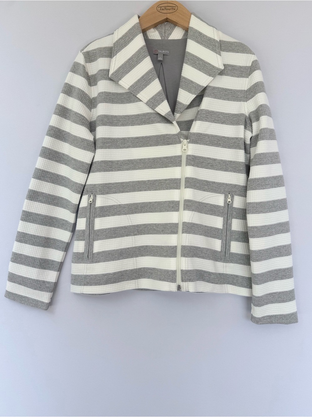 Talbots Grey & White Striped Knit Moto Jacket Asymmetrical Zip Small NWOT